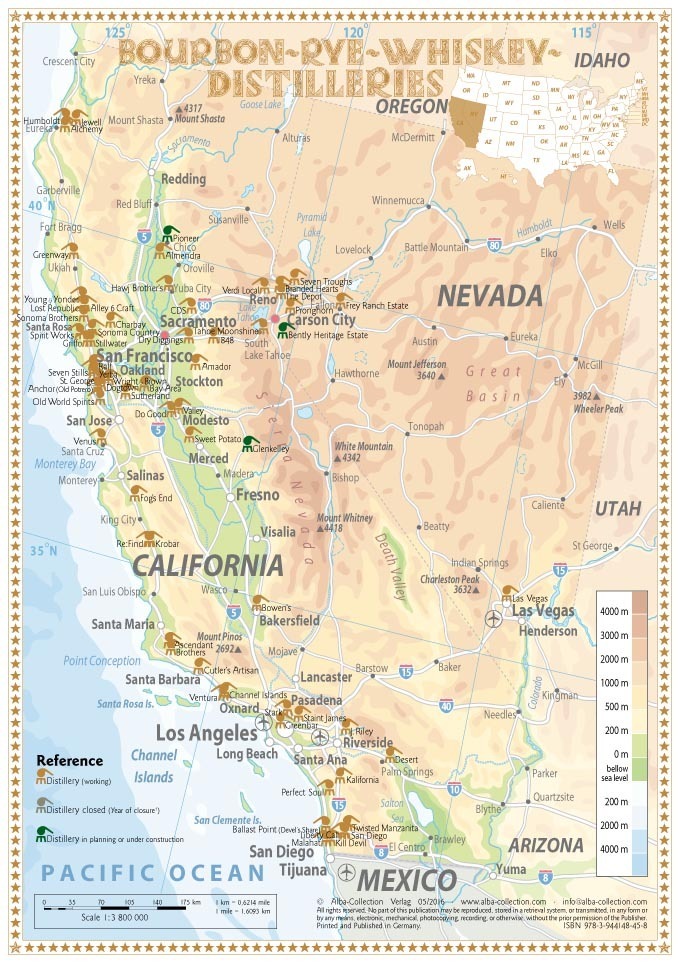 Whiskey Distilleries California And Nevada Tasting Map 24x34cm