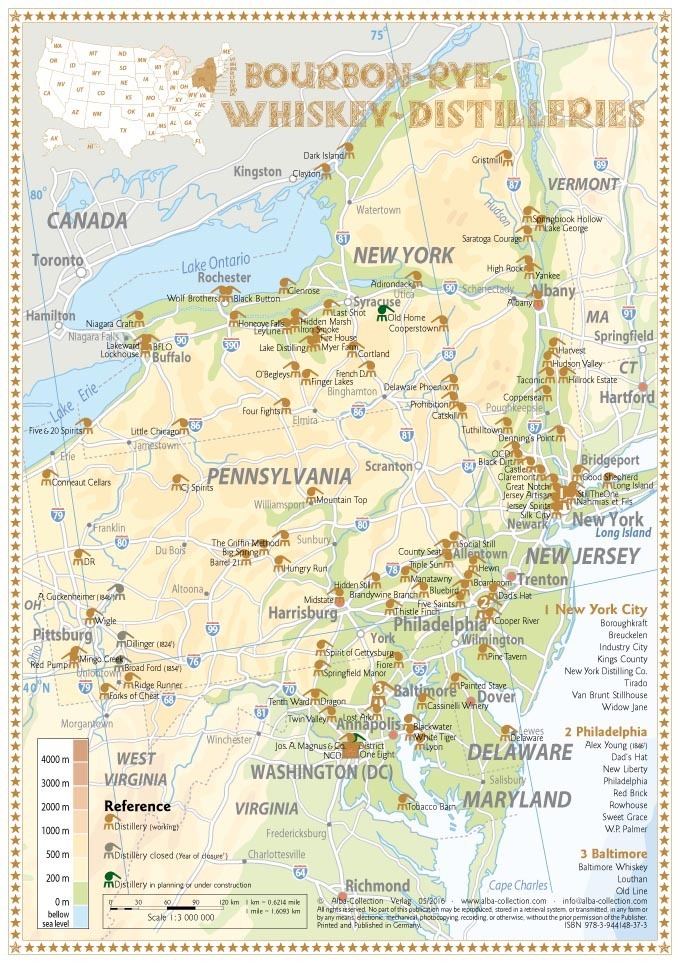 Whiskey Distilleries Ny Pa Nj De Md And Dc Tasting Map 24x34cm
